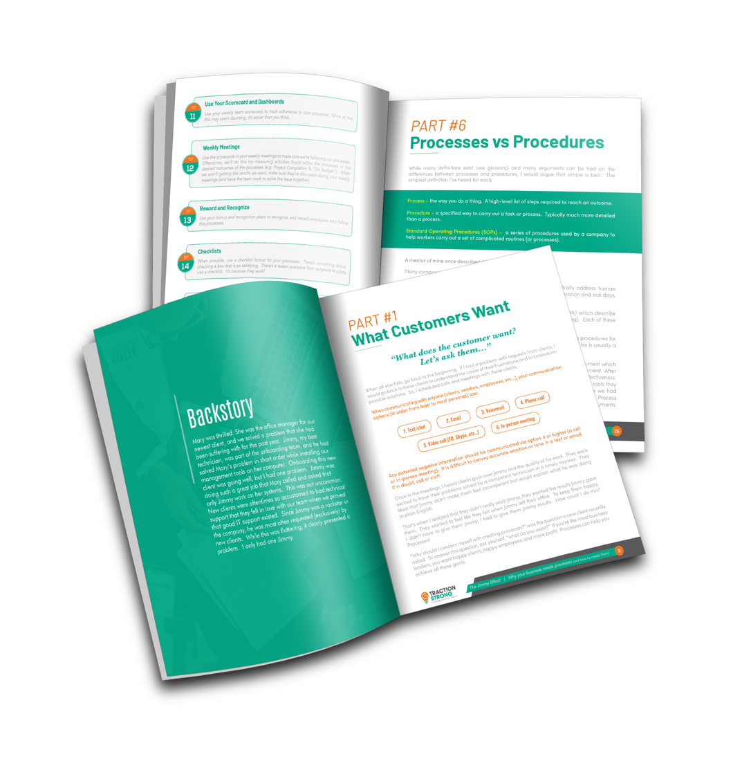 Open pages of The Jimmy Effect showing process tips and templates